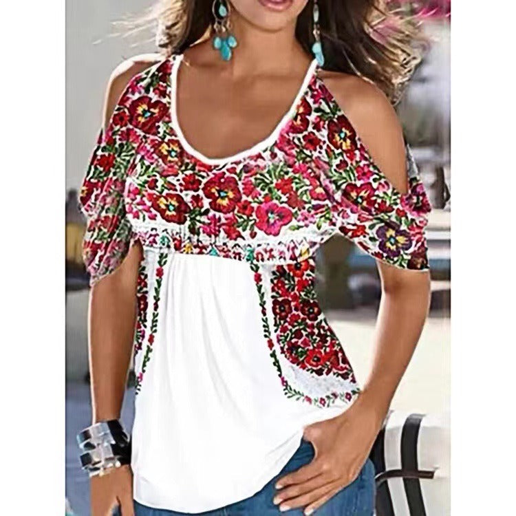 Top Exposed Shoulders Woman – Lightweight Cotton – V-Neck – Loose Fit – Bohemian Embroidery