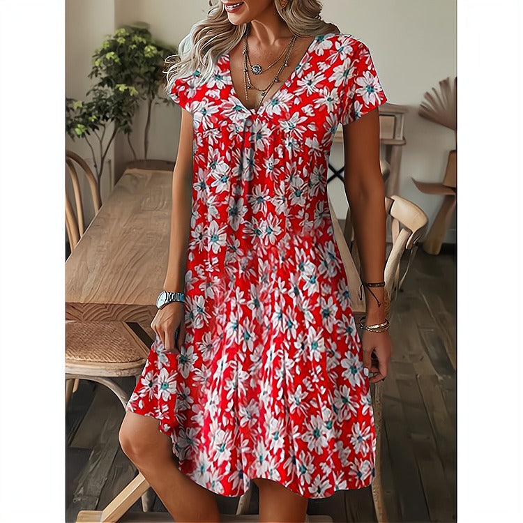 Women's dress – Loose flared cut – V-neck – Short sleeves – Feather print – Cotton
