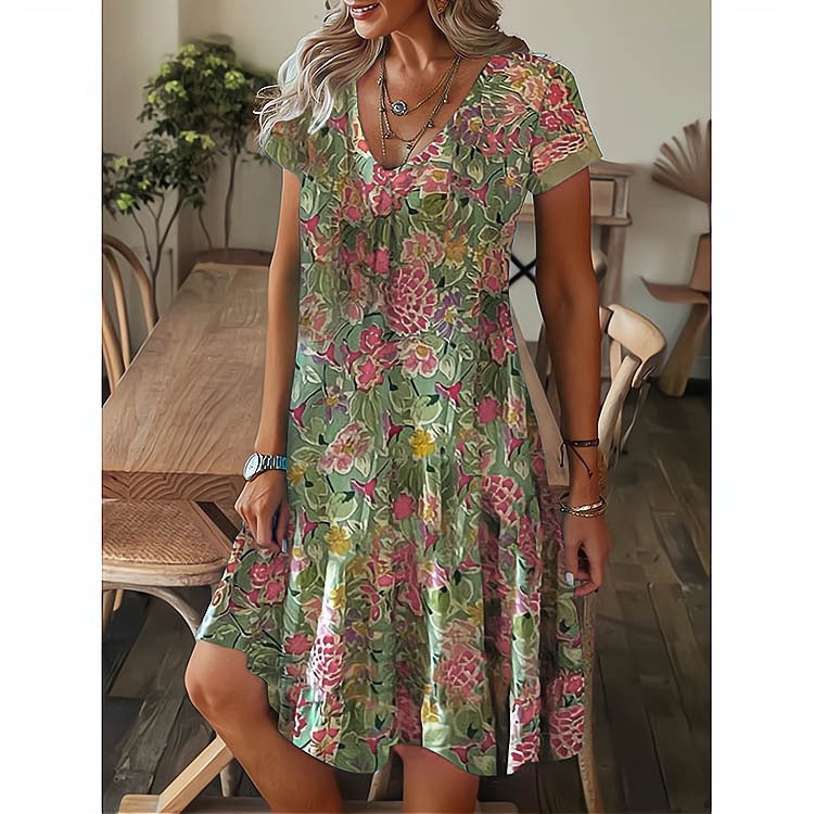 Women's dress – Loose flared cut – V-neck – Short sleeves – Feather print – Cotton
