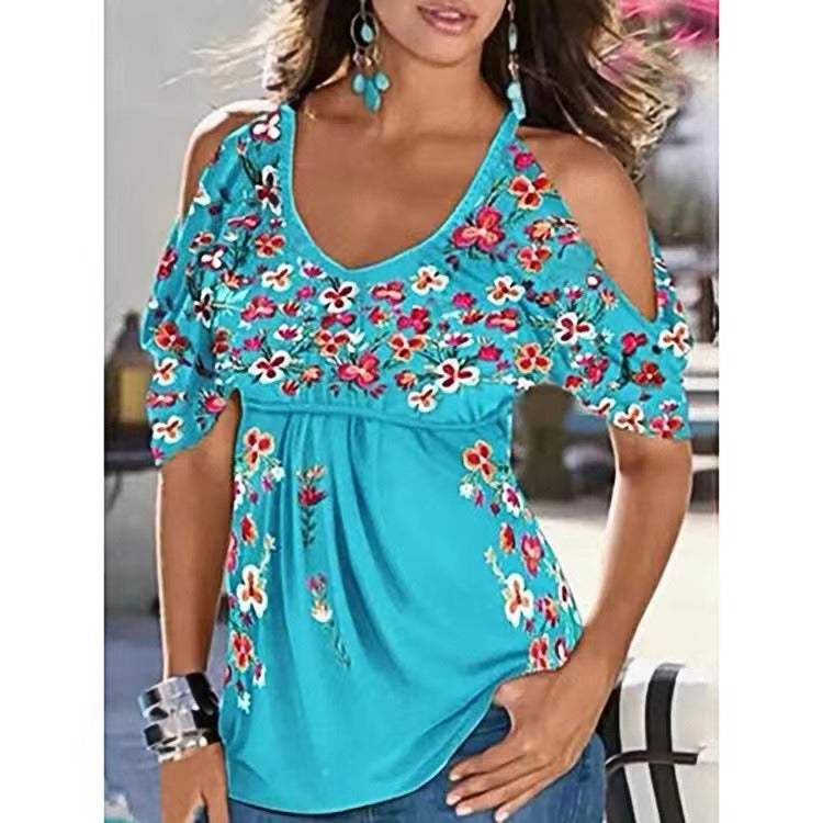 Top Exposed Shoulders Woman – Lightweight Cotton – V-Neck – Loose Fit – Bohemian Embroidery
