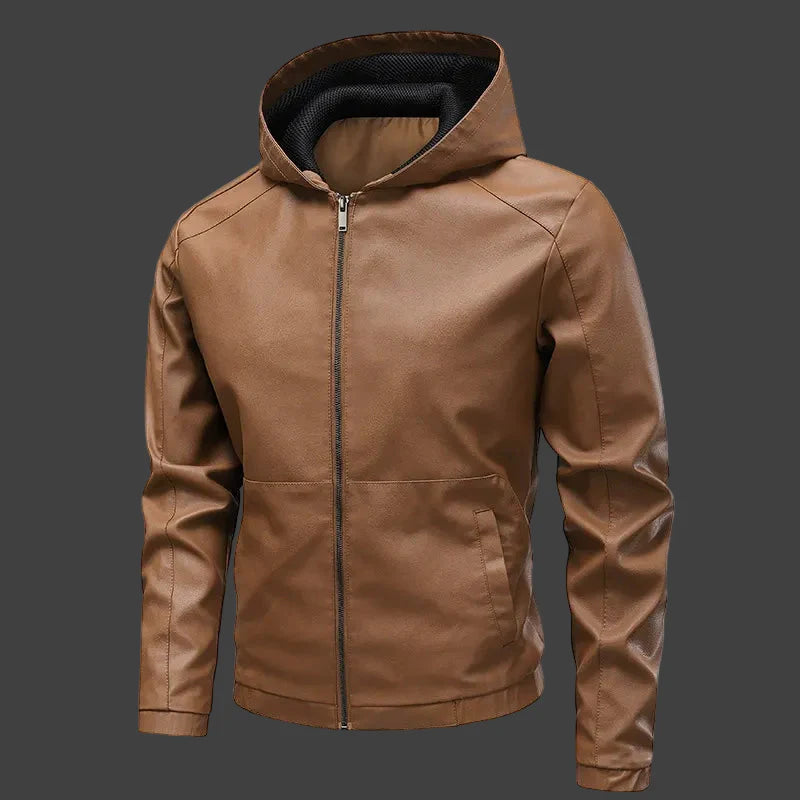 Veste à capuche homme – Coupe slim – Aspect cuir lisse – Fermeture zippée – Longueur hanches