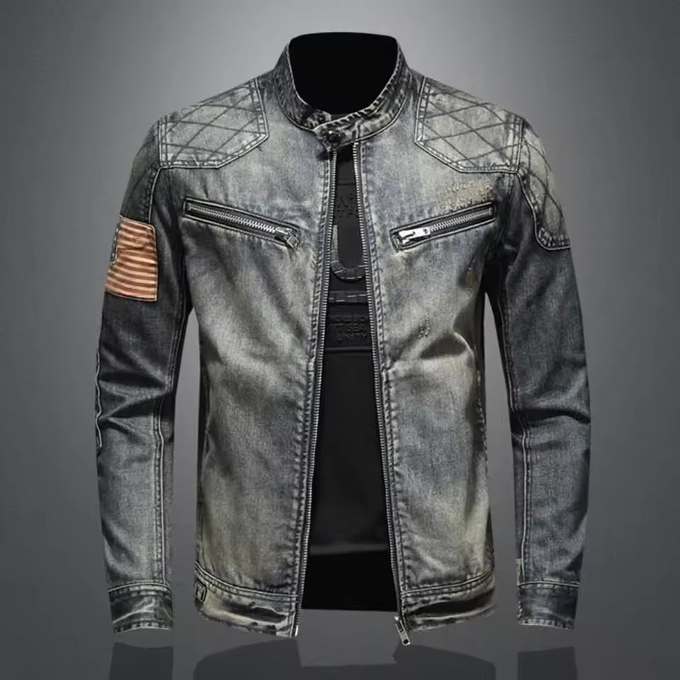 Veste en jean homme – Coupe slim – Col zippé – Épaules matelassées – Look casual