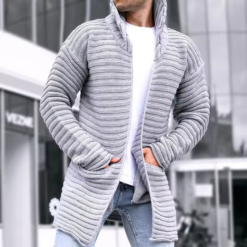 Gilet homme maille – Coupe oversize – Col roulé – Long – Ouverture frontale côtelée