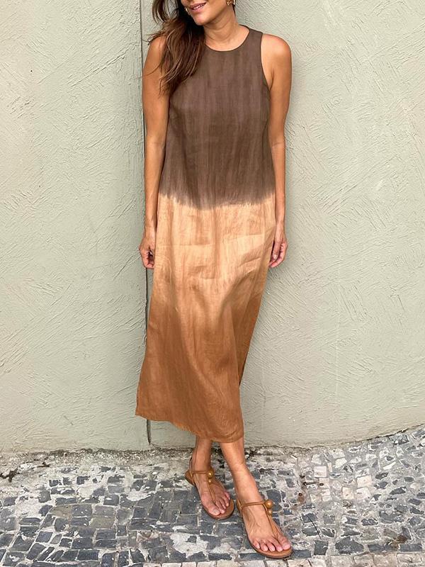 Women's midi dress – Loose fit – Sleeveless – Natural fibers – Side slit