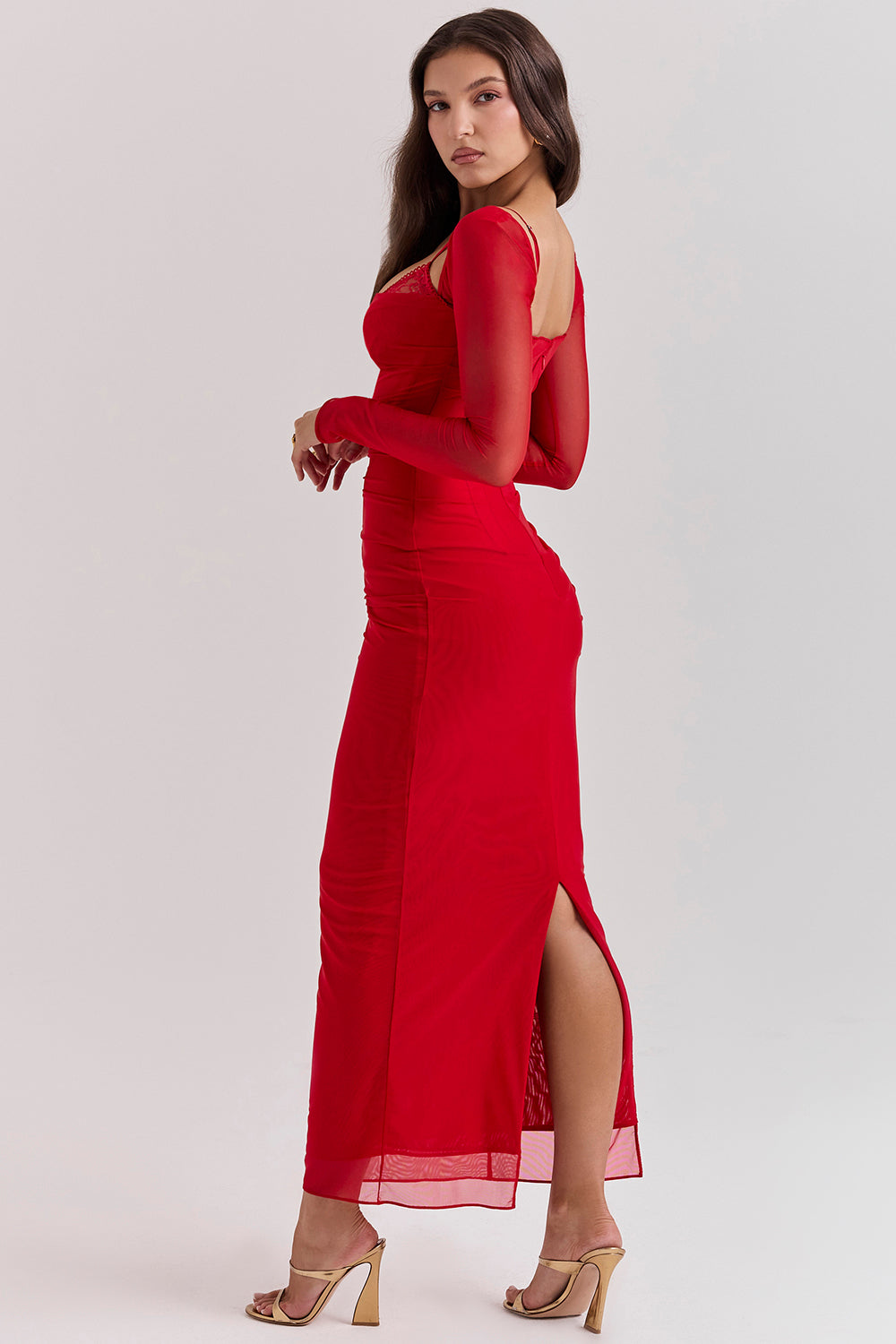Robe longue femme – Coupe moulante – Manches longues – Décolleté dentelle – Tissu fluide