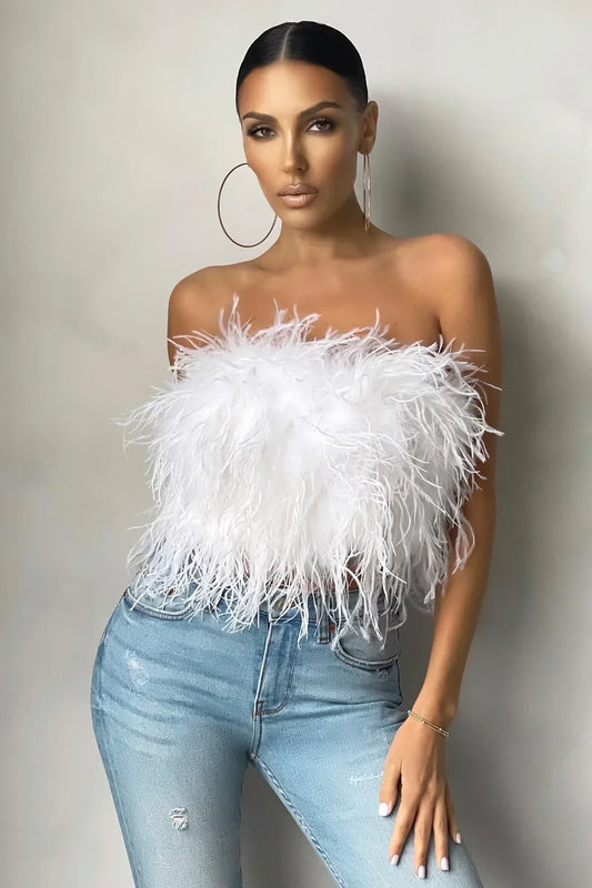 Women's bustier top – Fitted cut – Feather texture – Short elegant evening style