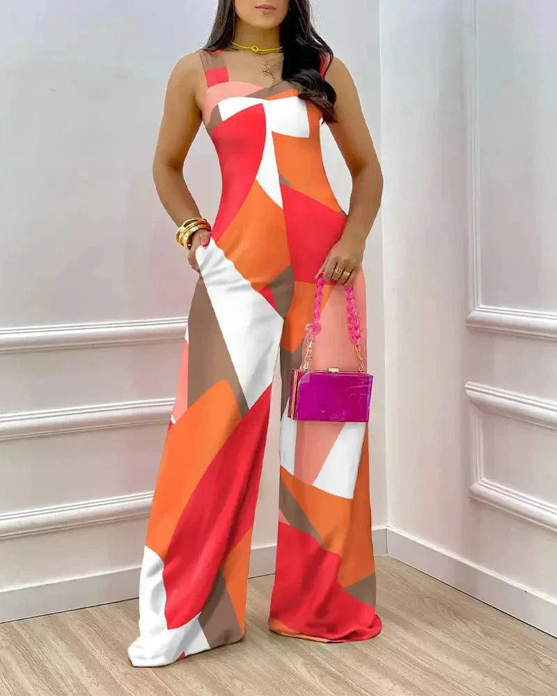 Women's jumpsuit – Geometric print – Square neck – Without sleeves – Wide leg