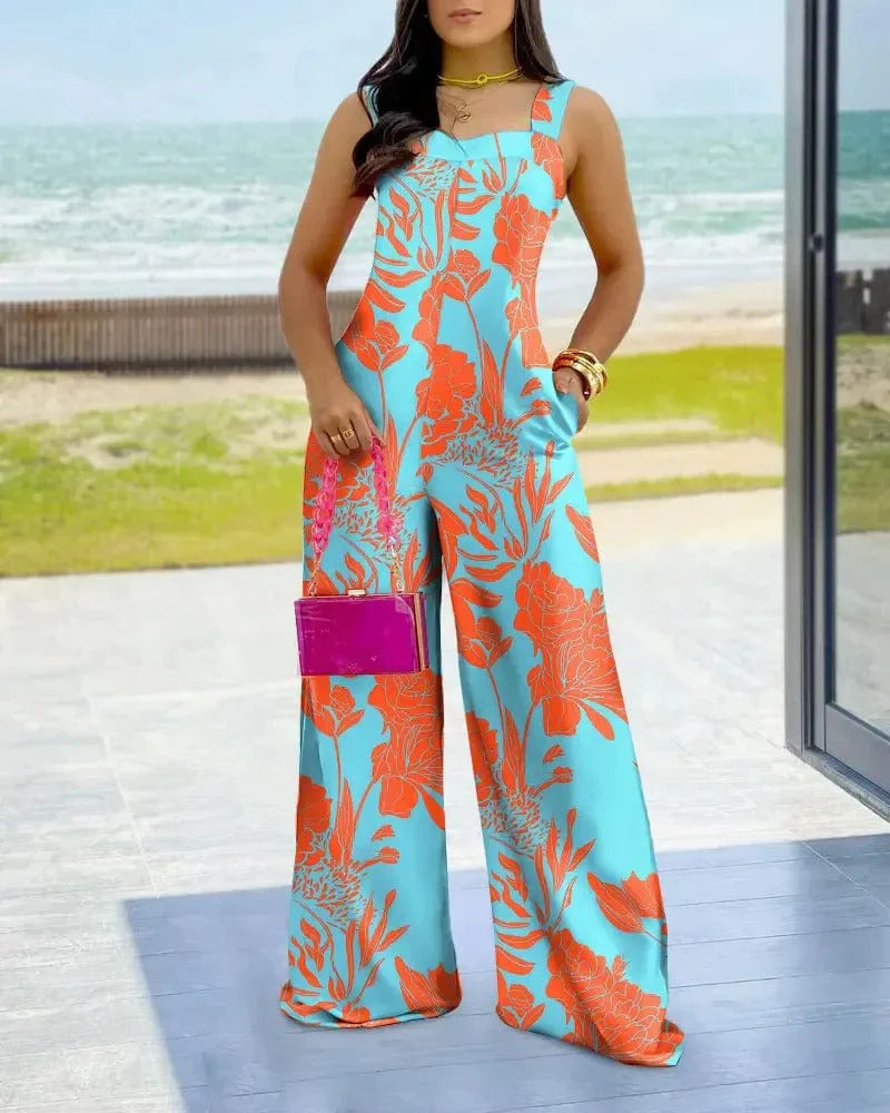 Women's jumpsuit – Geometric print – Square neck – Without sleeves – Wide leg