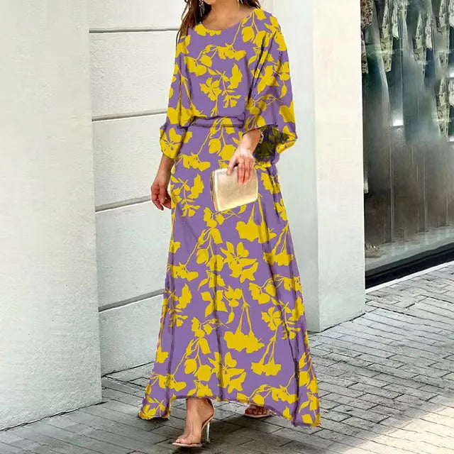 Women's long dress – Flowing cut – Wide sleeves – Round neck – Breathable fabric