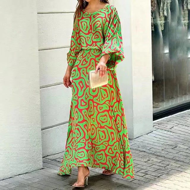 Women's long dress – Flowing cut – Wide sleeves – Round neck – Breathable fabric
