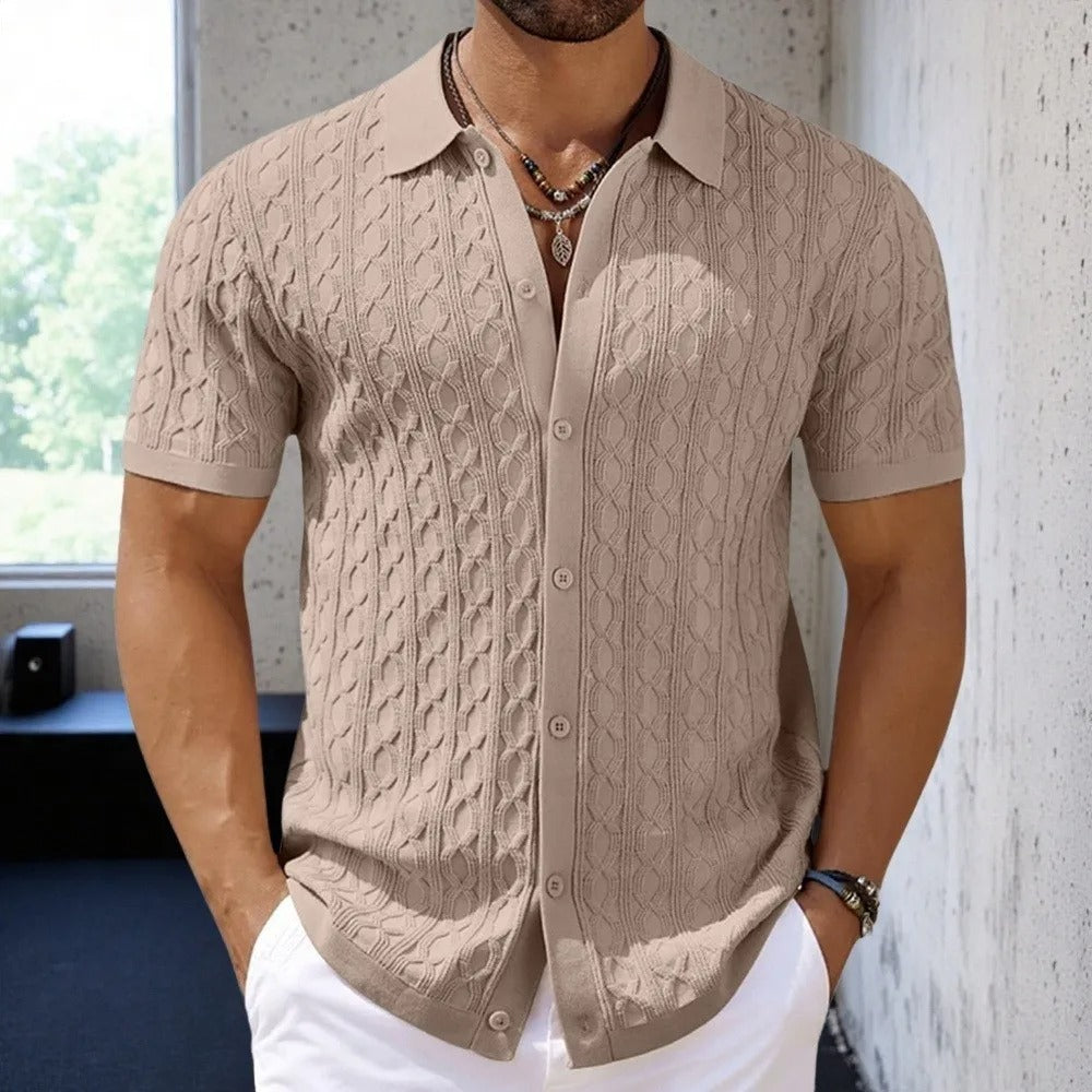 Men's polo – Slim fit – Soft jacquard knit – Short sleeves – Retro buttoning
