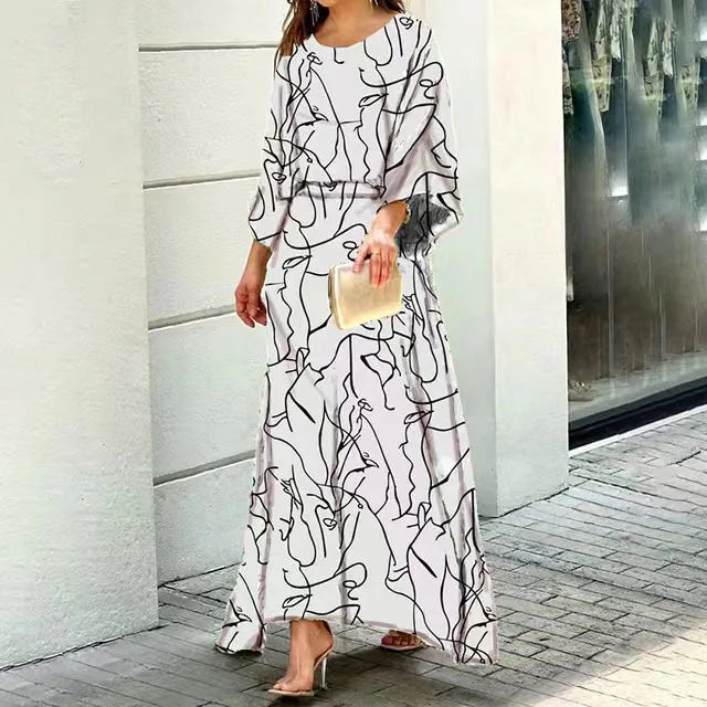 Women's long dress – Flowing cut – Wide sleeves – Round neck – Breathable fabric