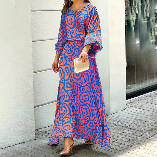 Women's long dress – Flowing cut – Wide sleeves – Round neck – Breathable fabric