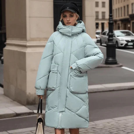 Women's Puffer Jacket - Woven Fabric - Oversized Cut - Stand Collar - Ankle Length