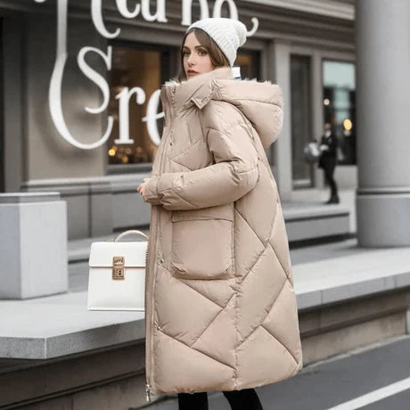 Women's Puffer Jacket - Woven Fabric - Oversized Cut - Stand Collar - Ankle Length