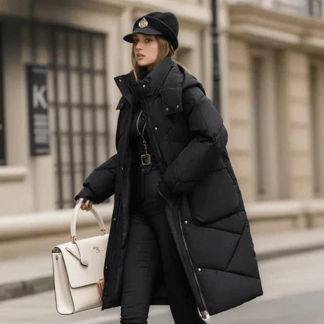 Women's Puffer Jacket - Woven Fabric - Oversized Cut - Stand Collar - Ankle Length