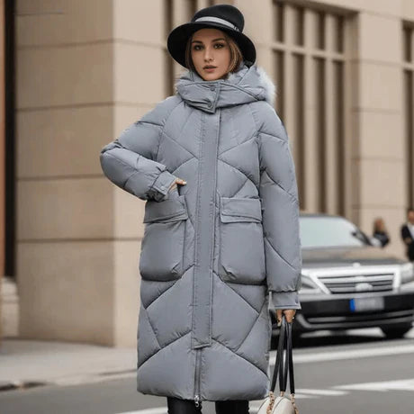 Women's Puffer Jacket - Woven Fabric - Oversized Cut - Stand Collar - Ankle Length