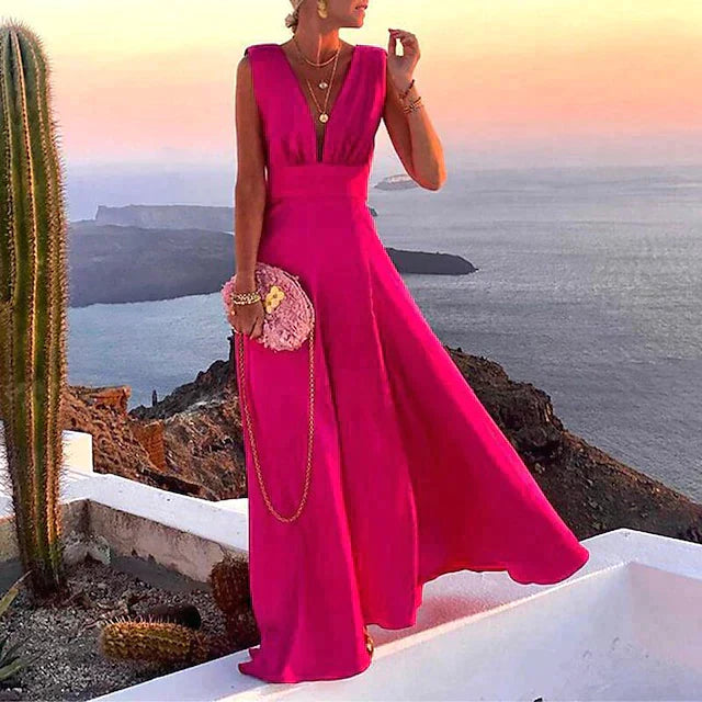 Women's long dress – Flowing cut – Sleeveless – V-neck – Floral print