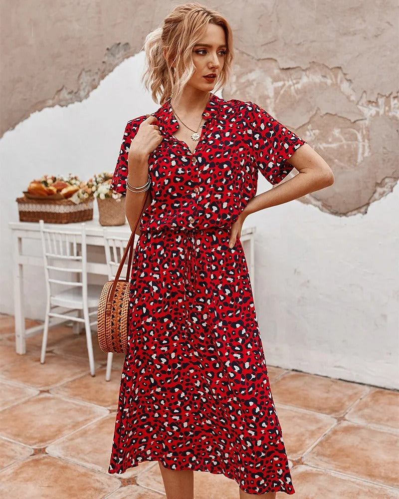 Women's midi dress – Relaxed fit – Breathable fabric – Short sleeves – Buttoned