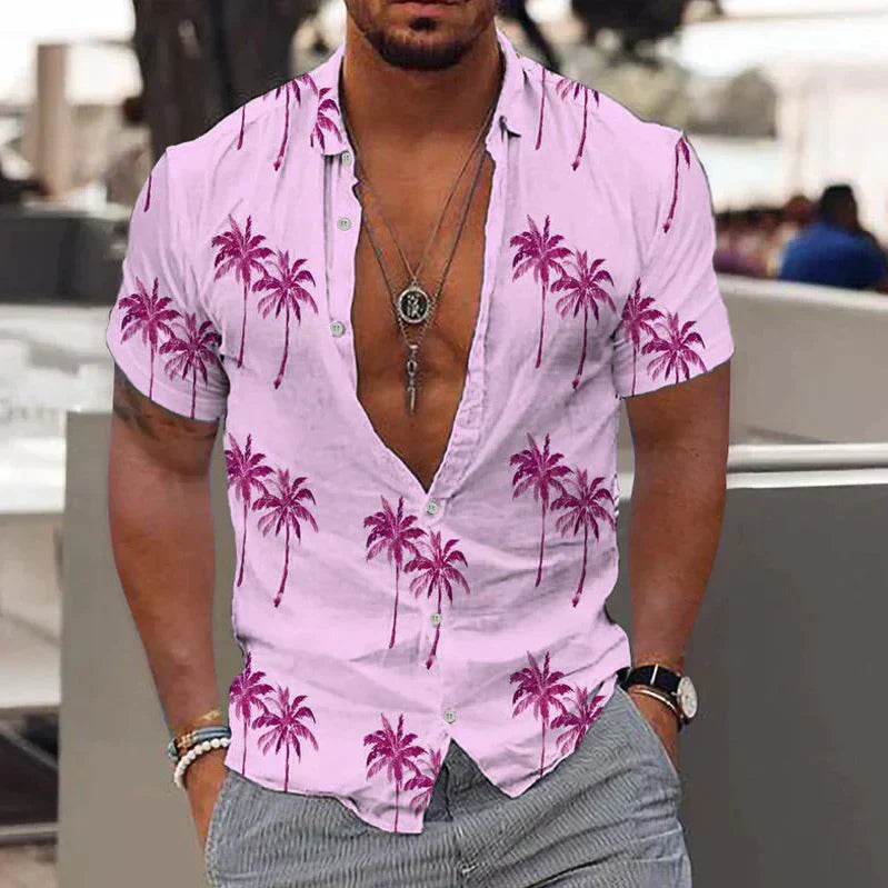 Men's short-sleeve shirt – Relaxed fit – Tropical print – Natural fibers