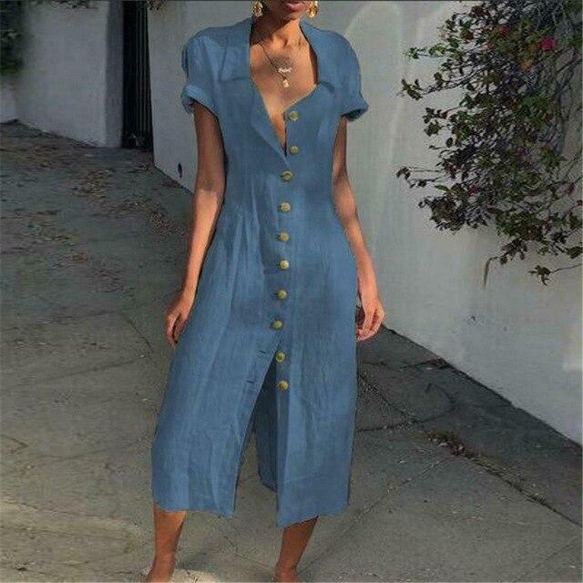 Women's midi dress – Relaxed fit – Breathable fabric – Short sleeves – Buttoned