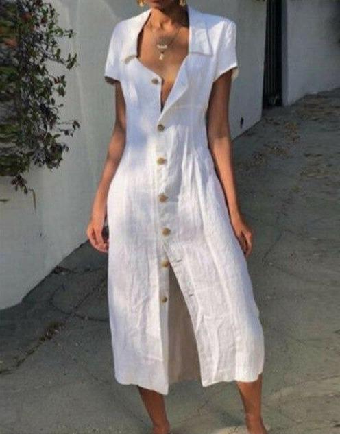 Women's midi dress – Relaxed fit – Breathable fabric – Short sleeves – Buttoned
