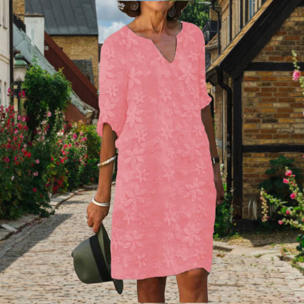 Women's dress – Relaxed fit – Mid-length – Mid-length sleeves – Floral embroidery – Natural fibers