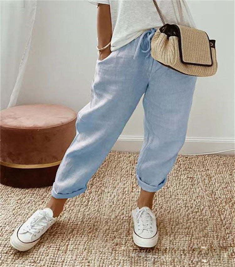 Women's pants – Relaxed fit – Natural fibers – Abstract print – Drawstring waist
