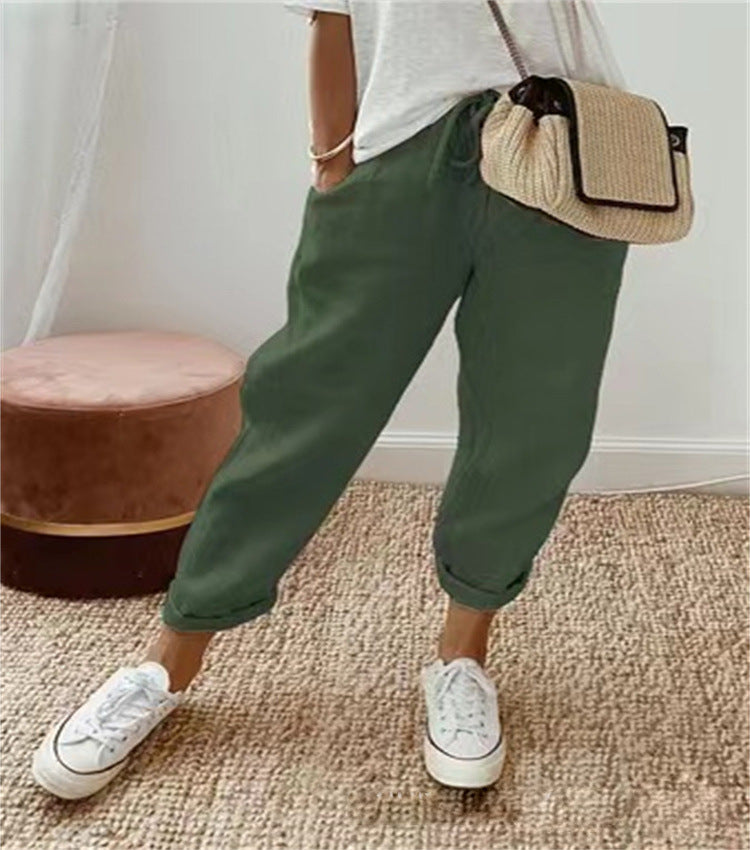 Women's pants – Relaxed fit – Natural fibers – Abstract print – Drawstring waist