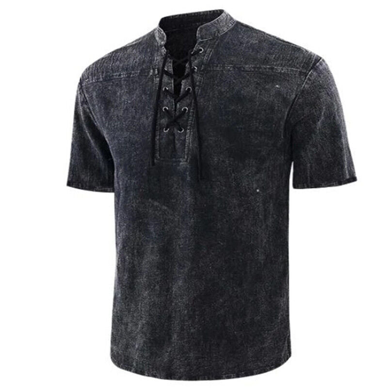 Retro men's shirt – relaxed fit – lace-up collar – short sleeves – breathable fabric