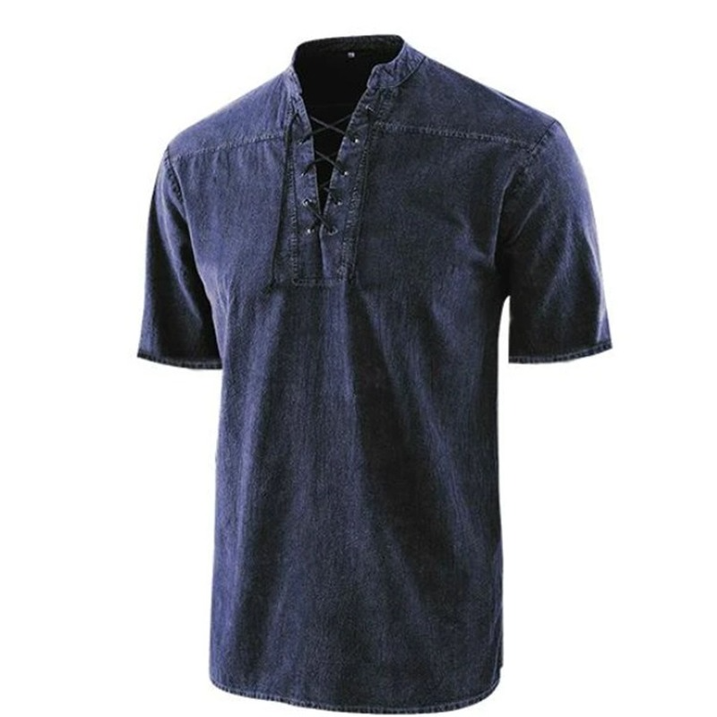Retro men's shirt – relaxed fit – lace-up collar – short sleeves – breathable fabric