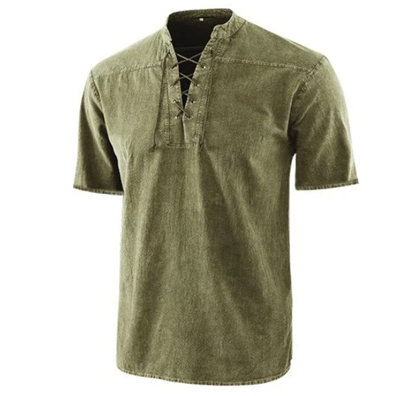 Retro men's shirt – relaxed fit – lace-up collar – short sleeves – breathable fabric