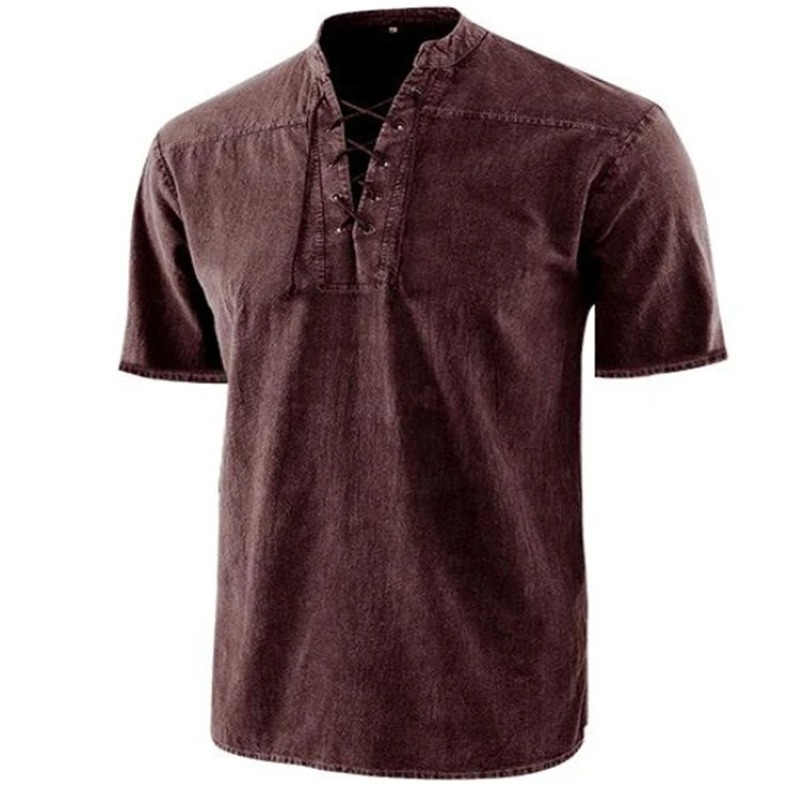 Retro men's shirt – relaxed fit – lace-up collar – short sleeves – breathable fabric