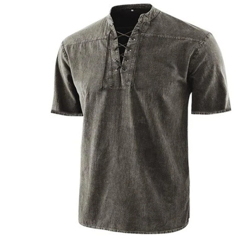 Retro men's shirt – relaxed fit – lace-up collar – short sleeves – breathable fabric