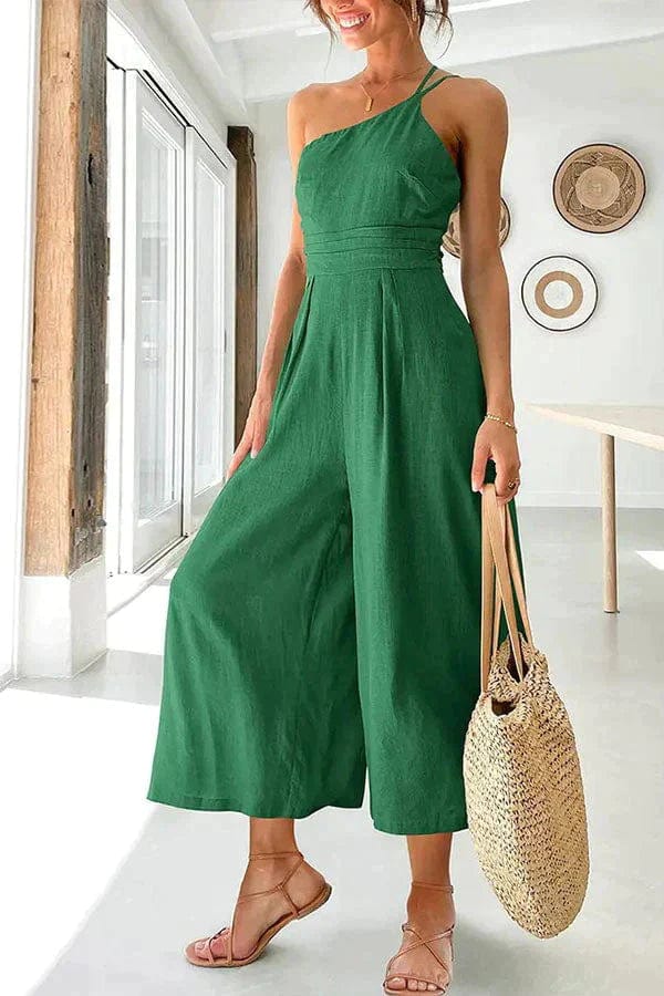 Women's jumpsuit – Asymmetric shoulder – Fitted waist – Wide 7/8 legs – Cotton