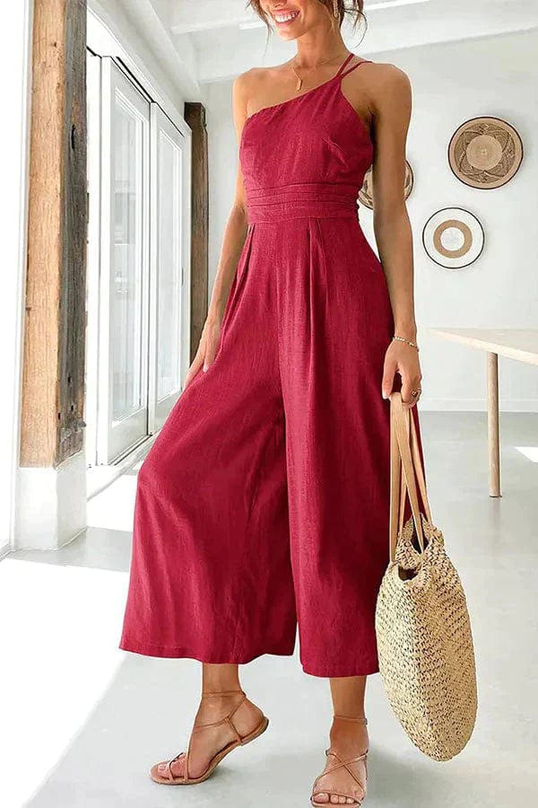 Women's jumpsuit – Asymmetric shoulder – Fitted waist – Wide 7/8 legs – Cotton
