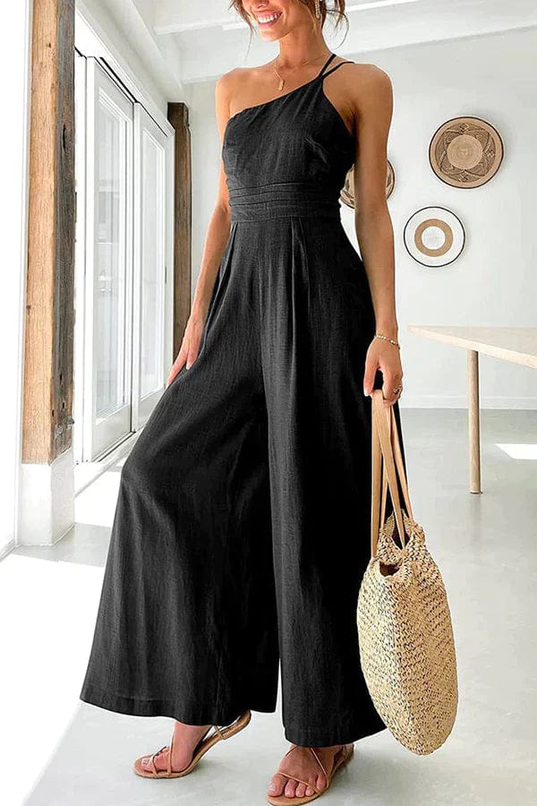 Women's jumpsuit – Asymmetric shoulder – Fitted waist – Wide 7/8 legs – Cotton