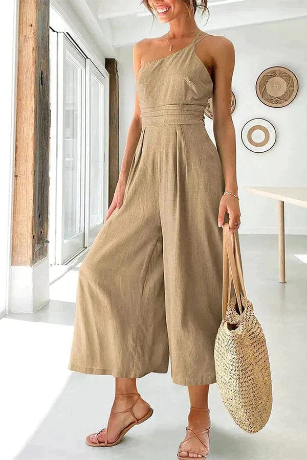 Women's jumpsuit – Asymmetric shoulder – Fitted waist – Wide 7/8 legs – Cotton