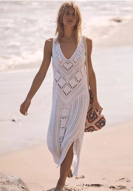 Robe femme midi – Coupe décontractée – Maille ajourée – Col en V – Fente latérale