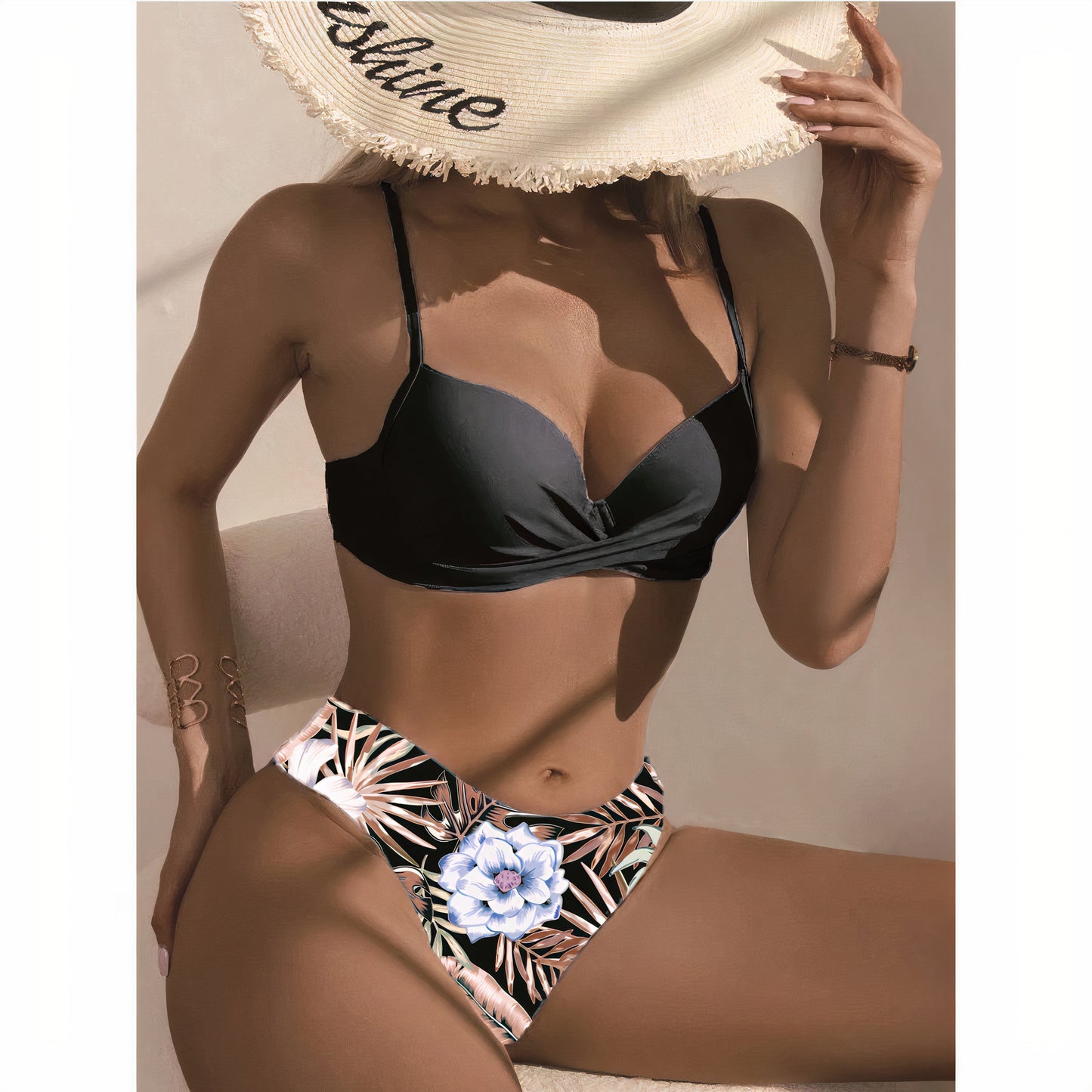 Women's 3-piece swimsuit – High waist – Crossed top – Breathable stretch fabric