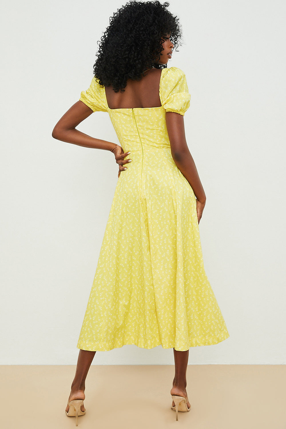 Robe midi femme – Coupe évasée – Coton léger – Manches bouffantes – Encolure carrée