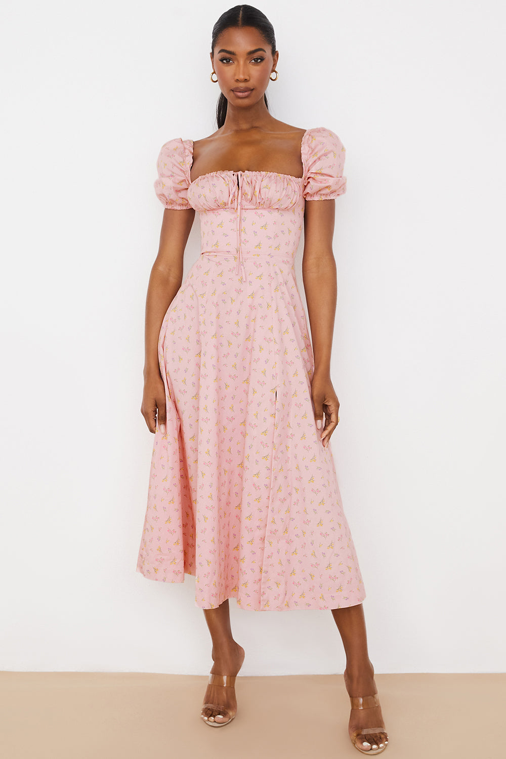 Robe midi femme – Coupe évasée – Coton léger – Manches bouffantes – Encolure carrée