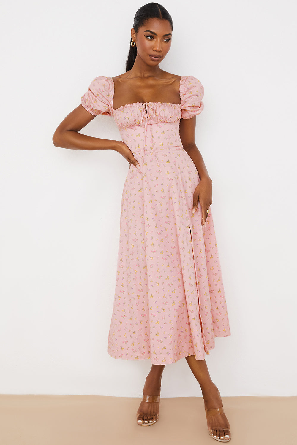 Robe midi femme – Coupe évasée – Coton léger – Manches bouffantes – Encolure carrée