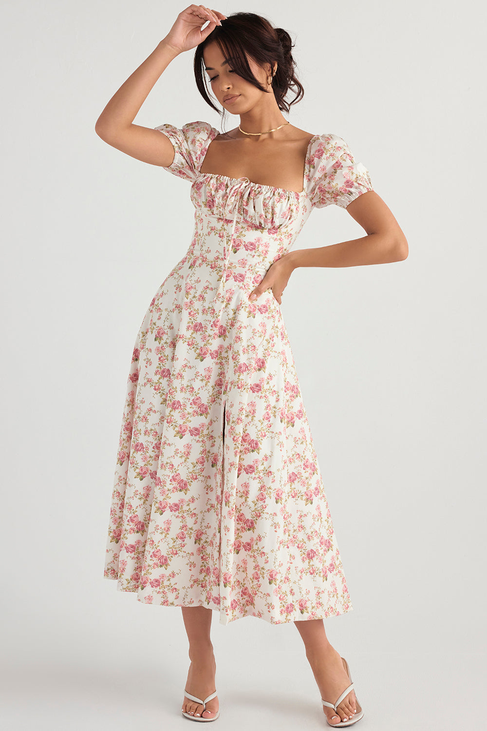 Robe midi femme – Coupe évasée – Coton léger – Manches bouffantes – Encolure carrée