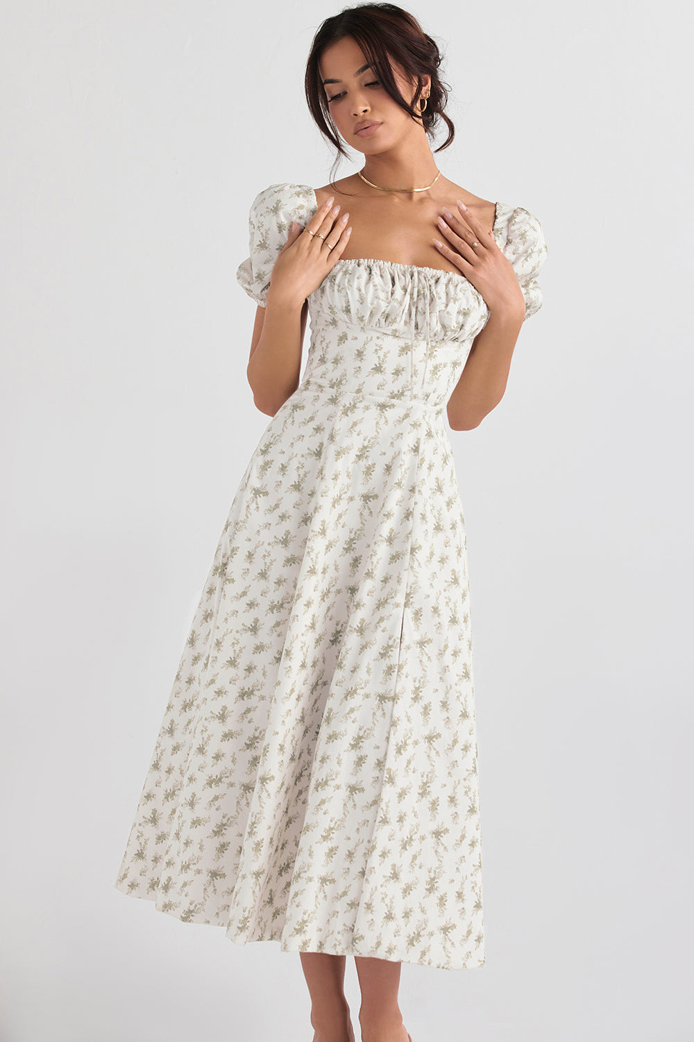 Robe midi femme – Coupe évasée – Coton léger – Manches bouffantes – Encolure carrée