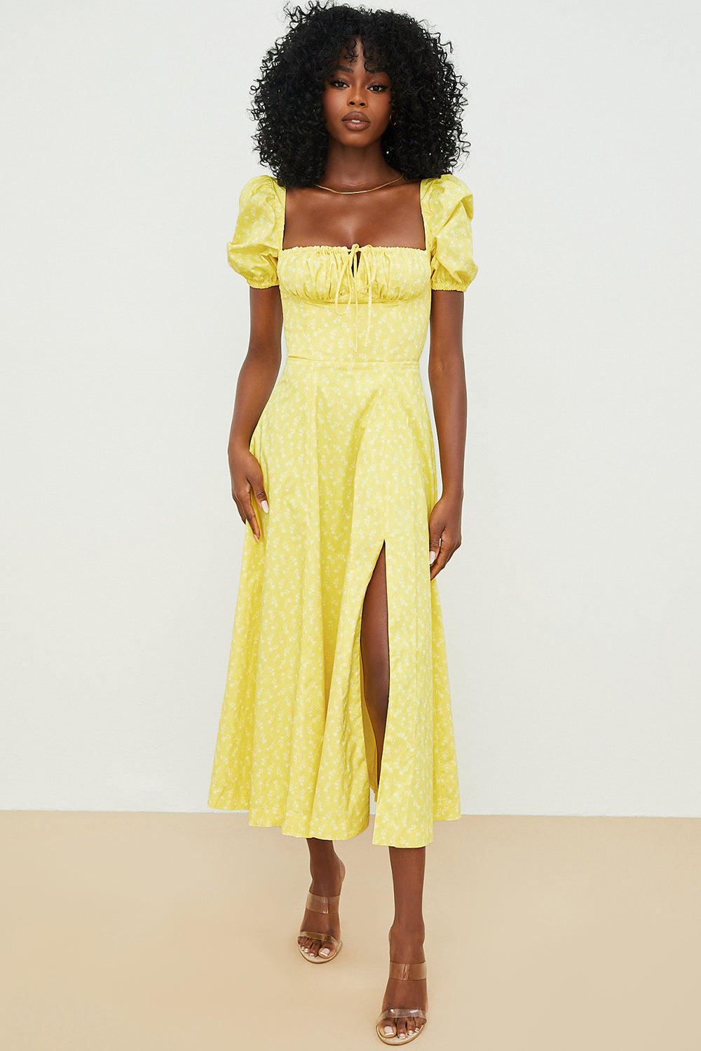 Robe midi femme – Coupe évasée – Coton léger – Manches bouffantes – Encolure carrée
