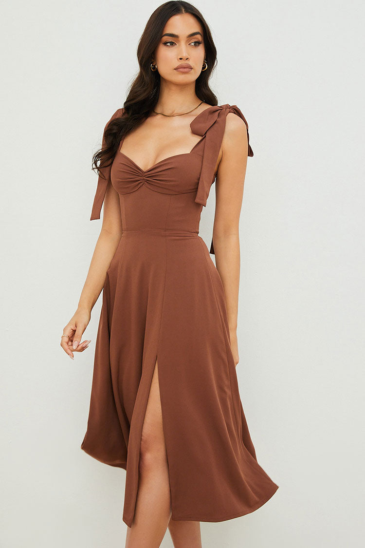 Women's Midi Dress – Flared Cut – Ruched Neckline – High Slit – Tied Straps