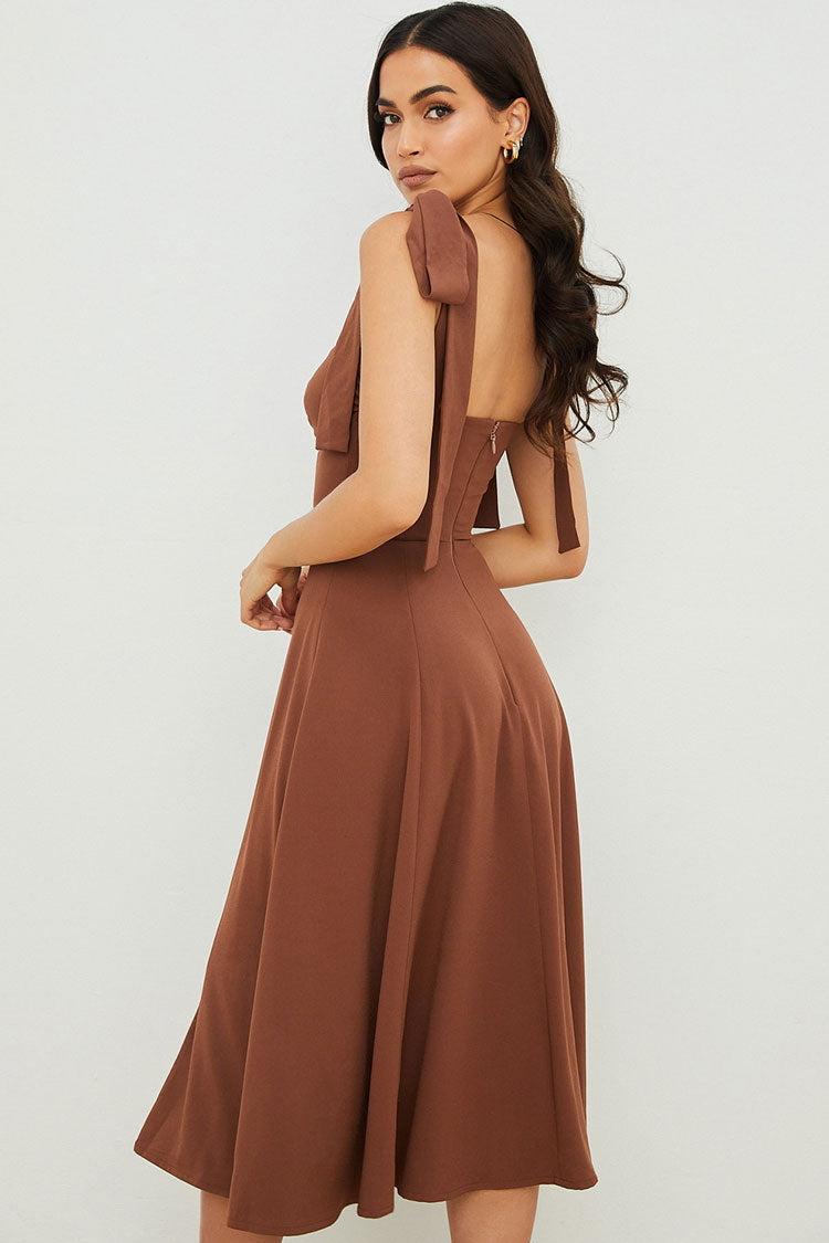Women's Midi Dress – Flared Cut – Ruched Neckline – High Slit – Tied Straps