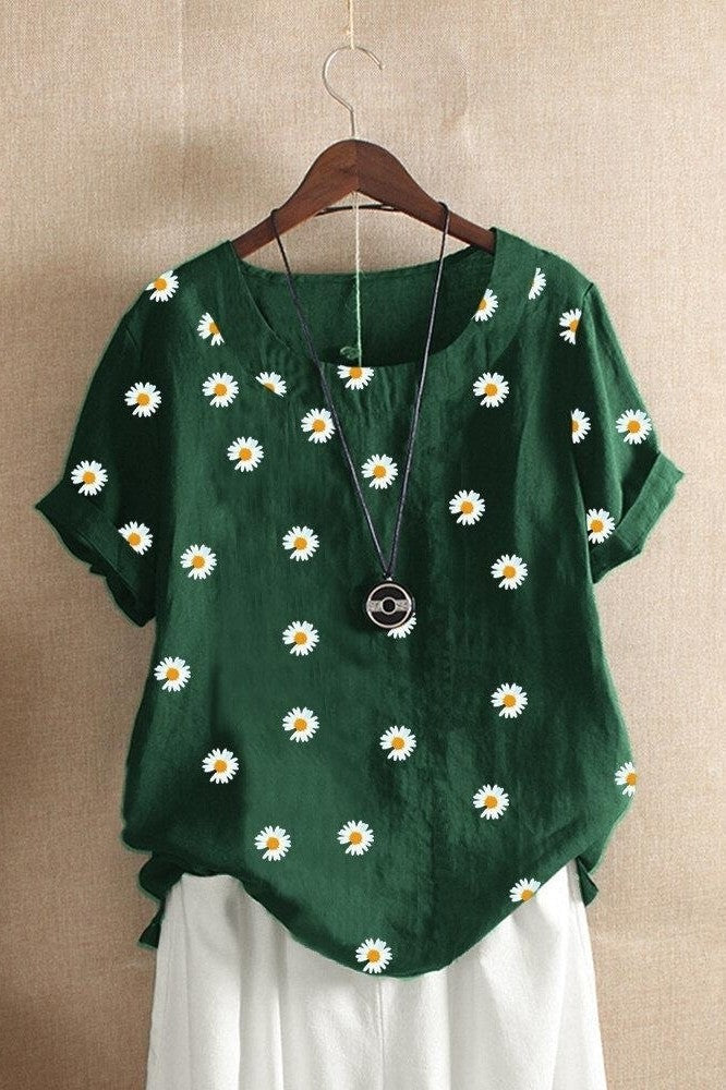 Women's T-shirt – Relaxed fit – Daisy floral print – Short sleeves – Breathable fabric