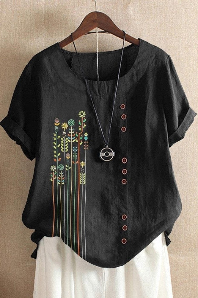 Women's T-shirt – Relaxed fit – Asymmetrical hem – Decorative buttons – Breathable fabric